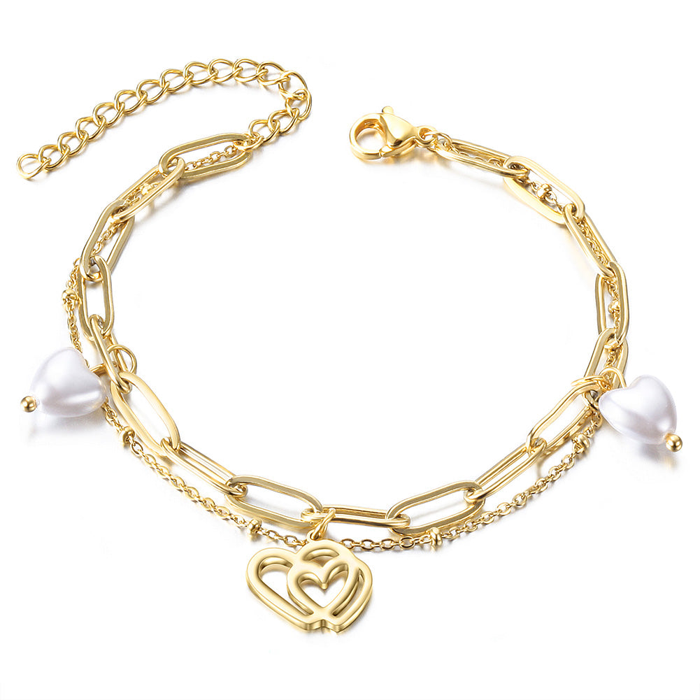 DOUBLE HEART WITH PEARL BRACELET