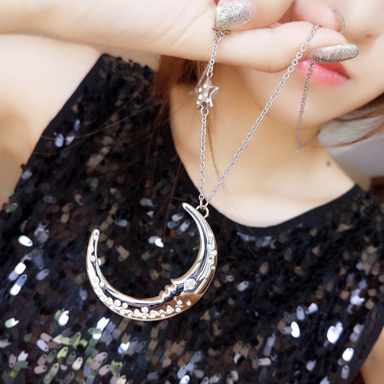 Silver Moon Star With Zirconia Pendant