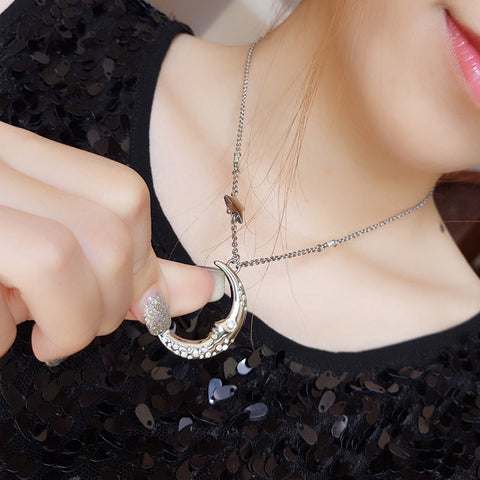 Silver Moon Star With Zirconia Pendant