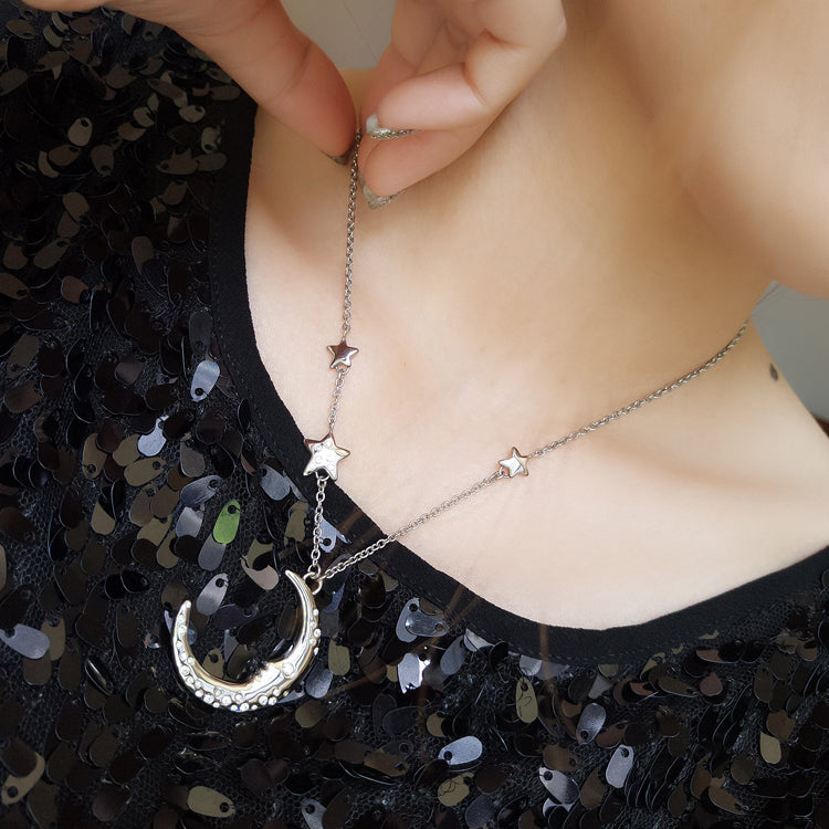 SILVER MOON STAR WITH ZIRCONIA NECKLACE