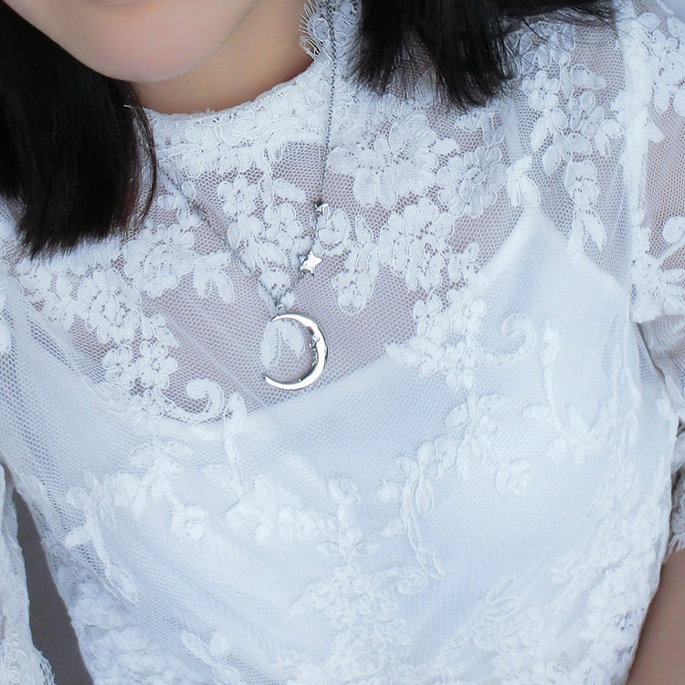 Silver Moon Star With Zirconia Pendant