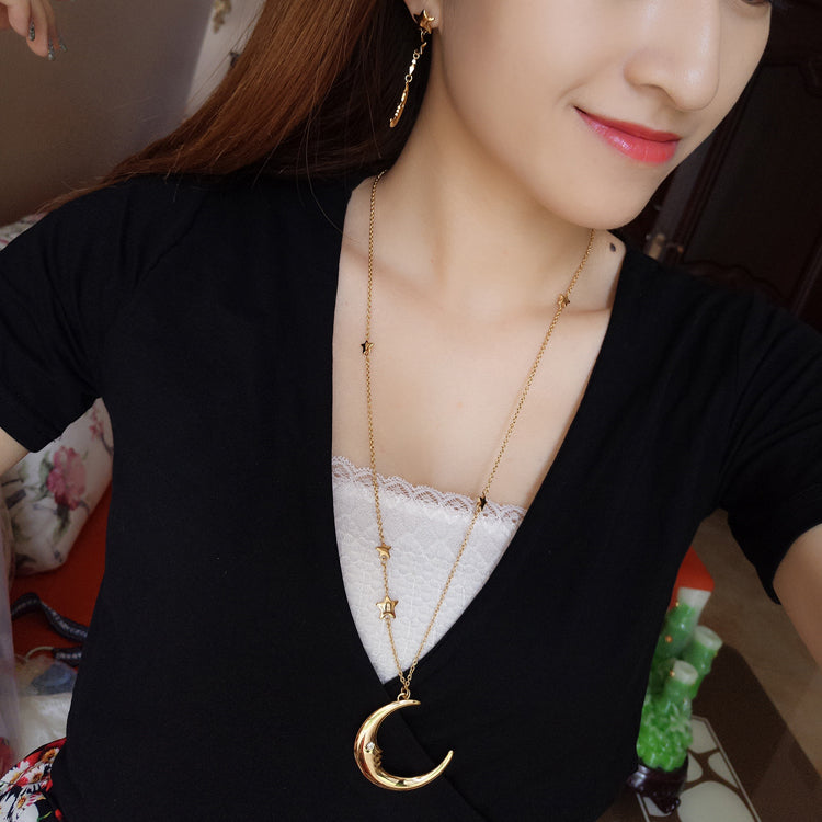 Gold Moon Star With Zirconia Pendant