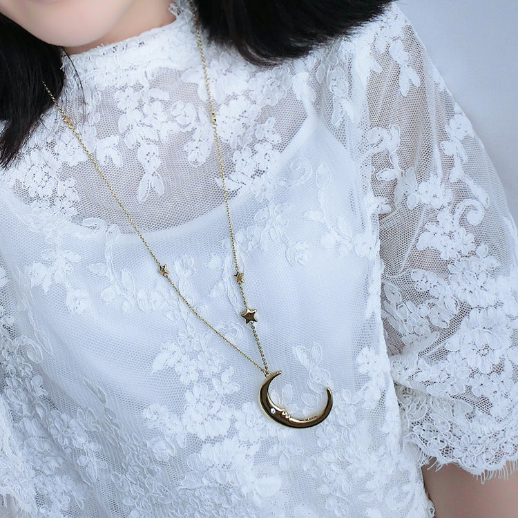 Gold Moon Star With Zirconia Pendant