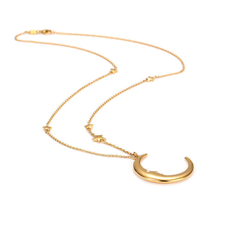 Gold Moon Star With Zirconia Pendant