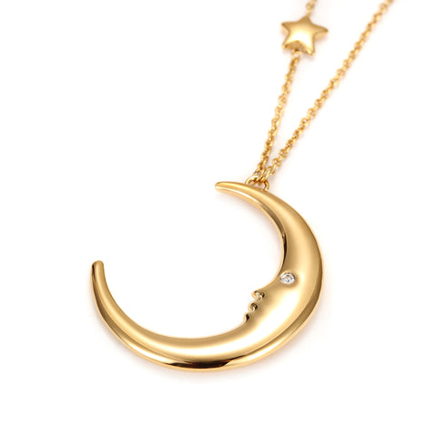 Gold Moon Star With Zirconia Pendant