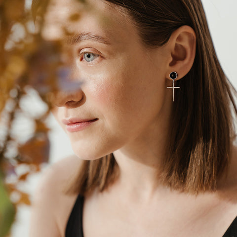Black Ball With Cross Earrings